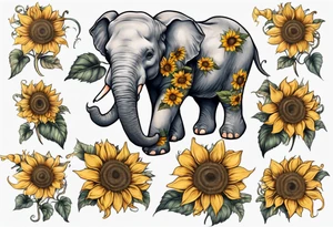 Sitting young elephant with trunk raised in air with sunflowers around it tattoo idea