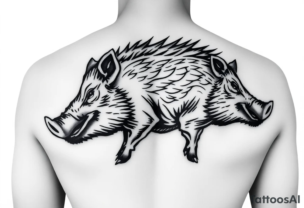 I want to design a back design for adults. The theme is wild boar. I want to put the wild boar of NCAA Arkansas into the style of Chinese neo-traditional culture. The background needs to have a feeling of clouds and smoke. Enlarge the main picture tattoo idea