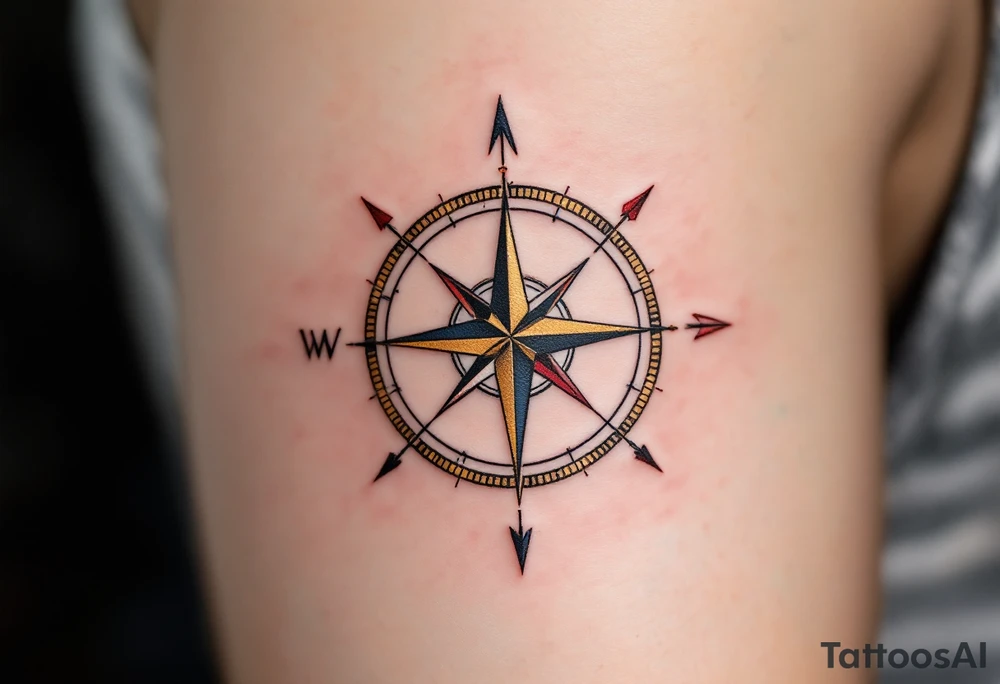 A delicate golden compass, with three arrows in black, navy blue, and red, pointing toward different meaningful destinations tattoo idea