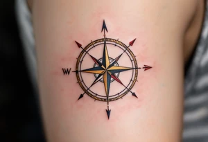 A delicate golden compass, with three arrows in black, navy blue, and red, pointing toward different meaningful destinations tattoo idea