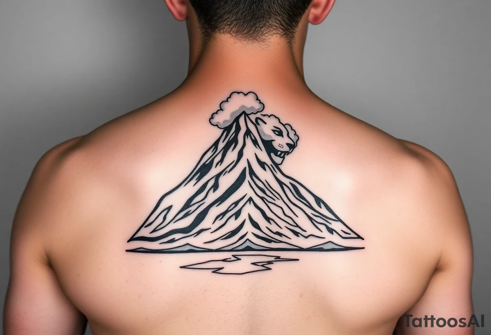 Primary focus is a mountain. At the crown of the mountain is a swath of puffy cumulus clouds. On the right side of the clouds, they form a very subtle jaguar face. At the base of the mountain is a reflective salt flats. Use Peruvian accents in the design tattoo idea
