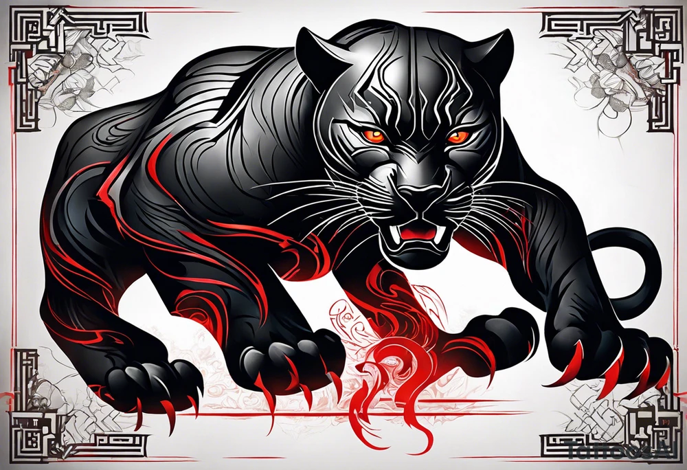 unique black panther tattoo, dynamic pose, showcasing its strength and grace, striking red eyes, intense and captivating elements, artistic flair, blending realism with abstract elements tattoo idea