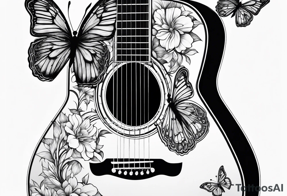Whole electric acoustic Guitar with flowers growing off the side, butterflies tattoo idea