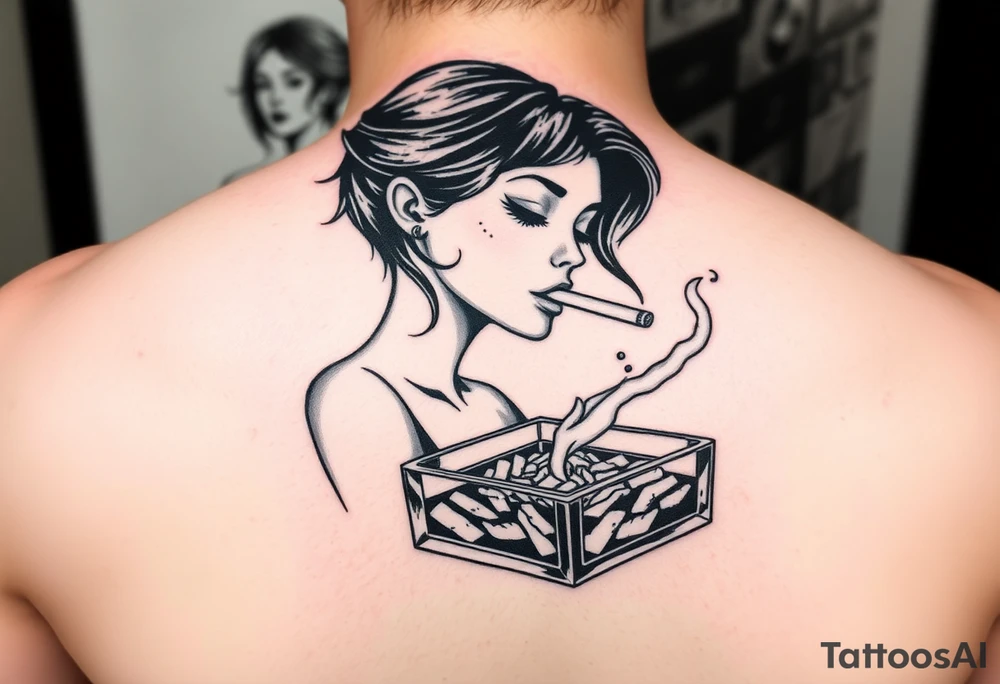 The Sunbeam girl smoking a cigarette ashing in a ashtray tattoo idea