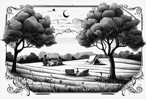 Very light and minimalstic picnic scene on meadow. A blanket iwth only a picnic-basket with lid on it. Pennants in two trees. Thin lines. tattoo idea