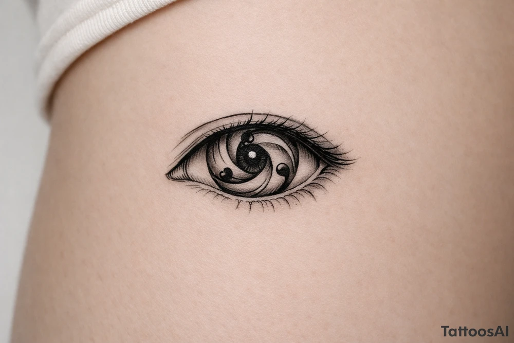 Detailed sharingan eye with swirling tomoe, black ink realism. tattoo idea