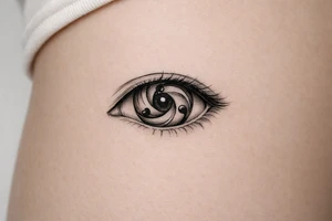 Detailed sharingan eye with swirling tomoe, black ink realism. tattoo idea