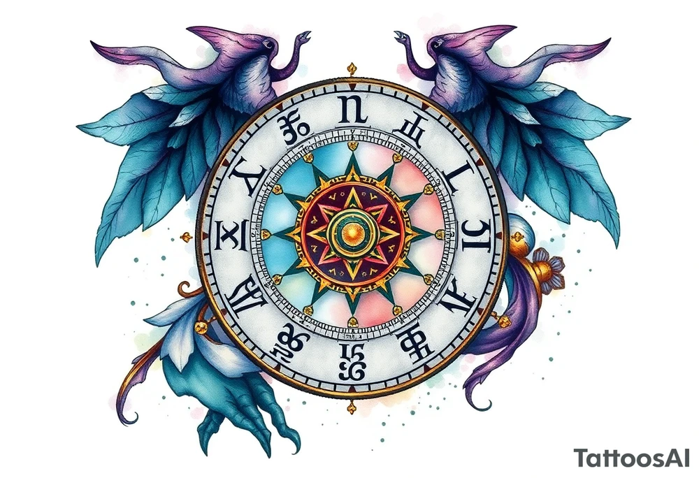 zodiac symbols and Norse runes within ornate clockwork mechanism tattoo idea
