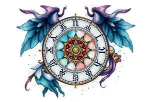 zodiac symbols and Norse runes within ornate clockwork mechanism tattoo idea