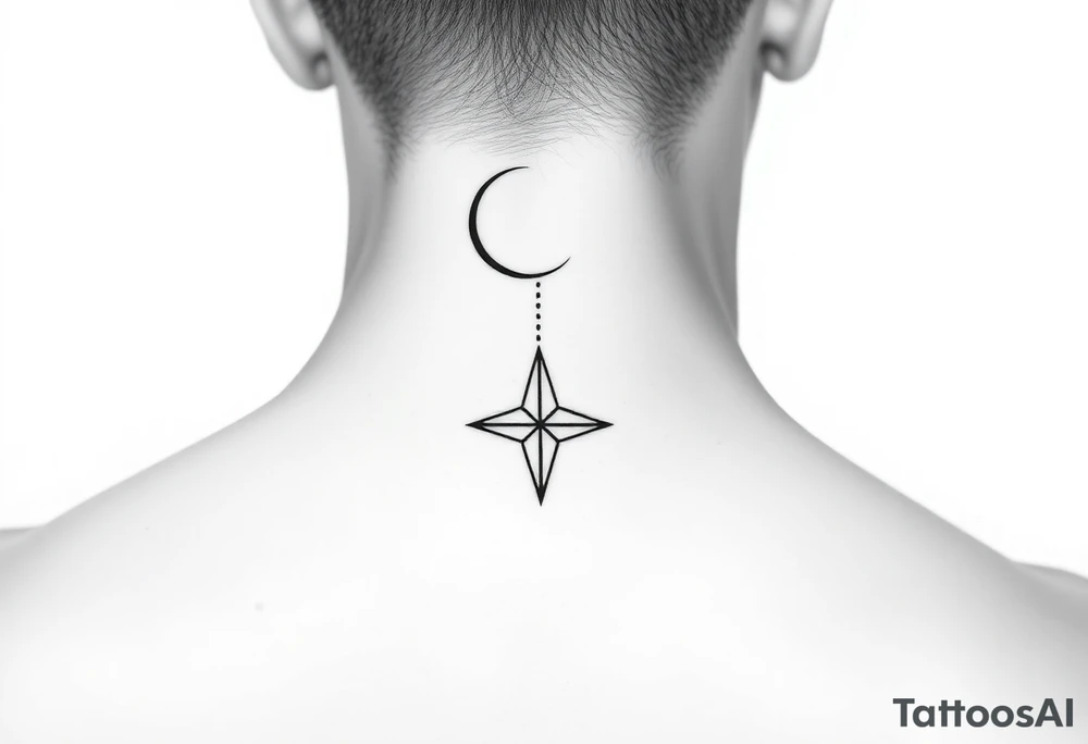 A minimalist crescent moon neck tattoo with a sleek, modern design. The crescent moon is positioned at the top, curving to the left, with a thin, clean line. Below the moon, there is a vertical line intersected by a sharp, star-like shape with four points. The star shape has elongated top and bottom points, giving it a clean, symmetrical look. The tattoo is placed behind the ear, following the natural curve of the neck. The lines are crisp and delicate, creating a stylish, celestial vibe." tattoo idea