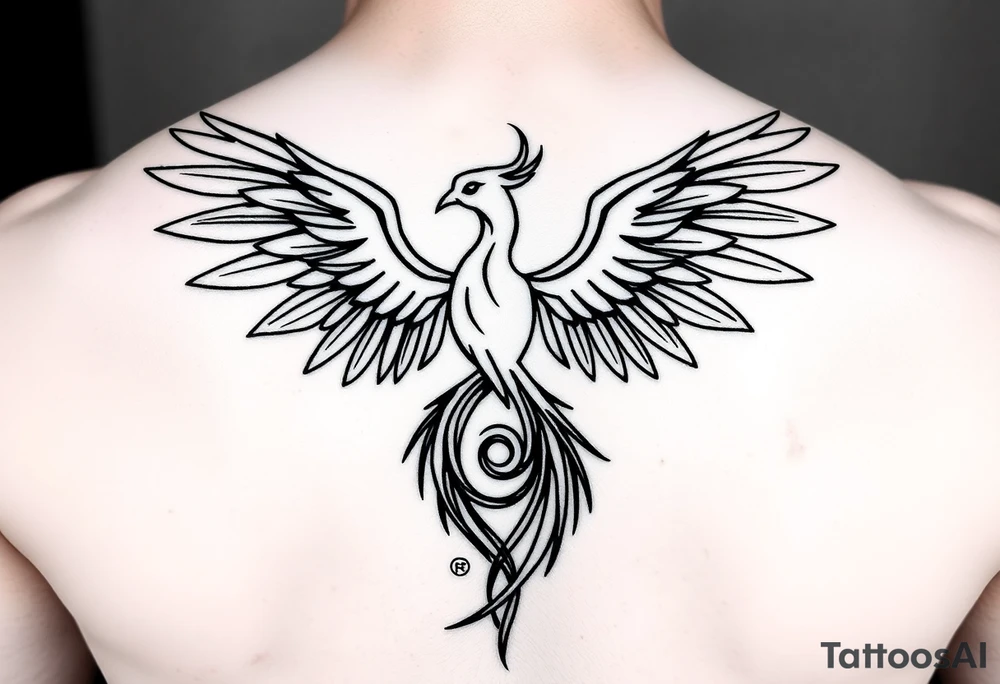 Geometric minimalist phoenix rising from its ashes, wings blending seamlessly into a Fibonacci spiral. Thin black line art, sharp and elegant symmetry, balance of chaos and order. Represents evolution, divine growth, and transformation through struggle. No shading, just clean vector geometry. tattoo idea