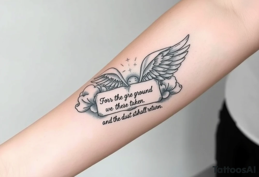 A black and white tattoo that will be placed in the forearm, the tattoo is based on biblical images such as clouds, angels, wings, gods hands, wisdom, glory and a journal pages style with a text reading “For out of the ground we were taken for the dust we are and to the dust we shall return” tattoo idea