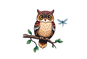 Owl perched on a tree branch, dragonfly in the background tattoo idea