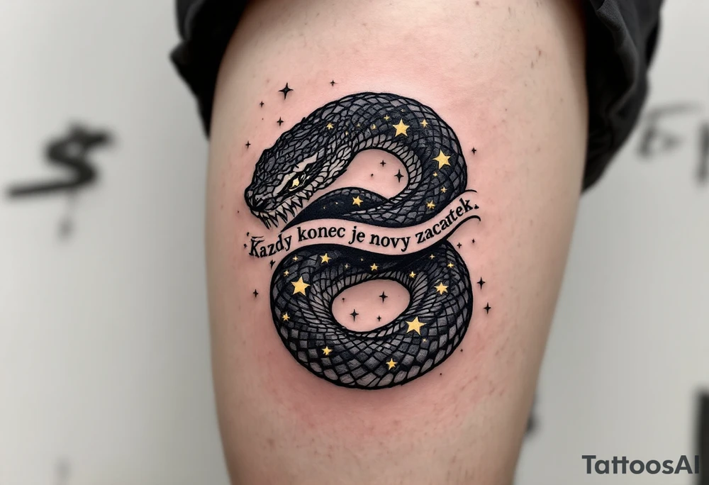 „Kazdy konec je novy zacatek.“ — A black snake eating its tail (ouroboros) with golden stars inside, and the phrase flowing through the ring. tattoo idea