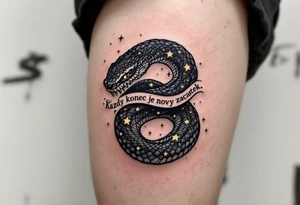 „Kazdy konec je novy zacatek.“ — A black snake eating its tail (ouroboros) with golden stars inside, and the phrase flowing through the ring. tattoo idea