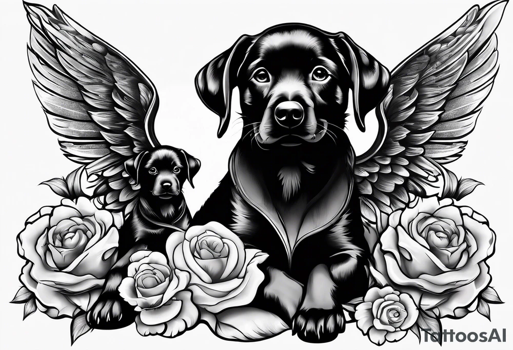 Black dog guarding human infants (the infants are angels) tattoo idea