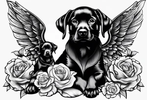 Black dog guarding human infants (the infants are angels) tattoo idea