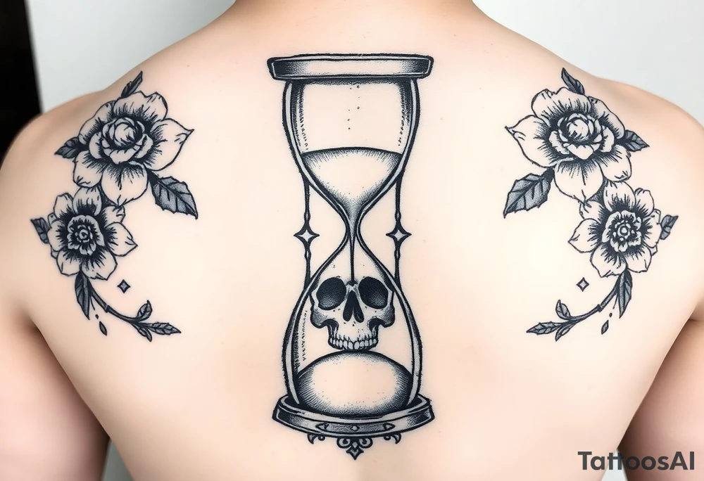 An hourglass with a human skull at the bottom that the sand is pouring into. Include matching florals on each shoulder. Mandala patter at the bottom tattoo idea