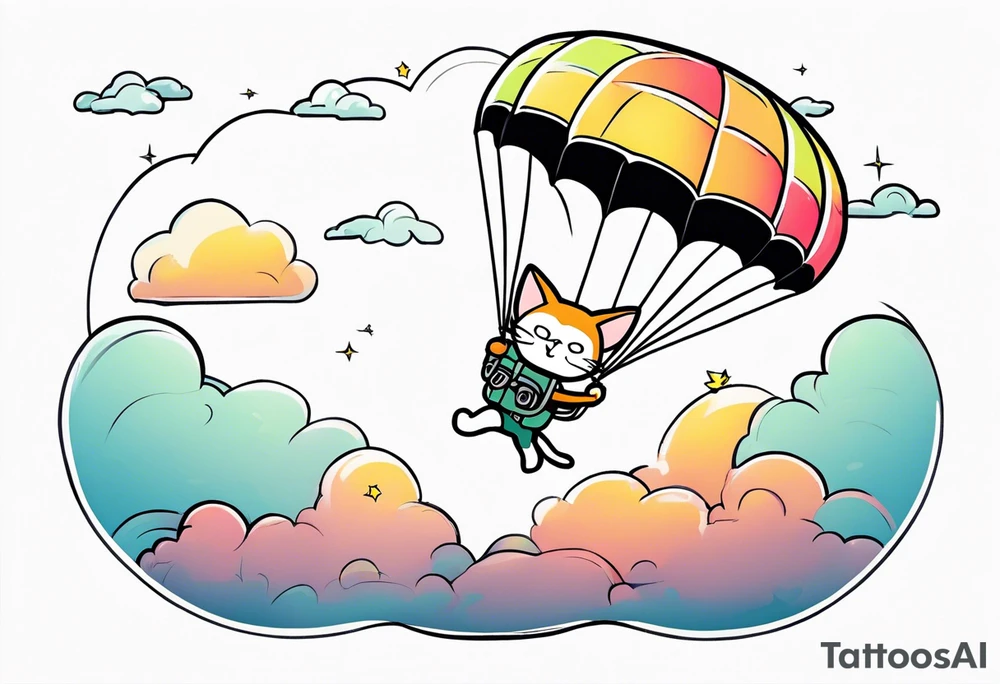 cat going skydiving with parachute in the rick and morty style tattoo idea