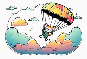 cat going skydiving with parachute in the rick and morty style tattoo idea