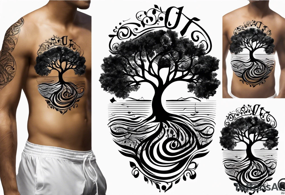 A tattoo design that incorporates the following elements: an abstract tree of life that has roots emerging  from the ground. Waves of water wrap around the tree in a non symmetrical design.  Incorporate musical notes into the tree. the letters U and A are overlapping and engraved into the tree. A golf flag incorporated but not prominent tattoo idea