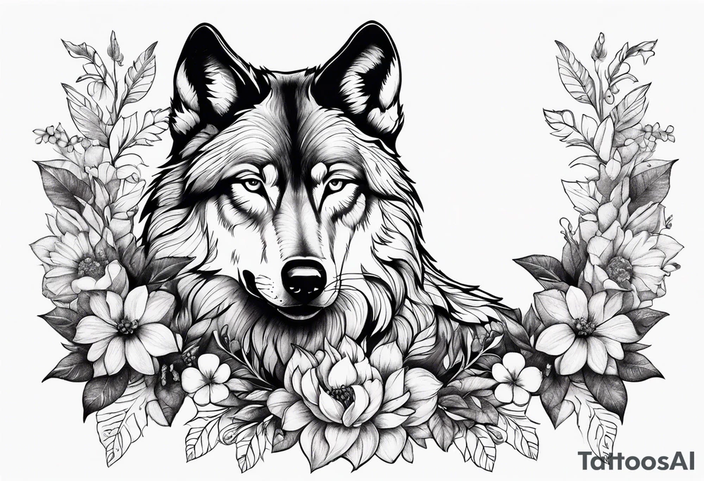 Wolf with flowers tattoo idea