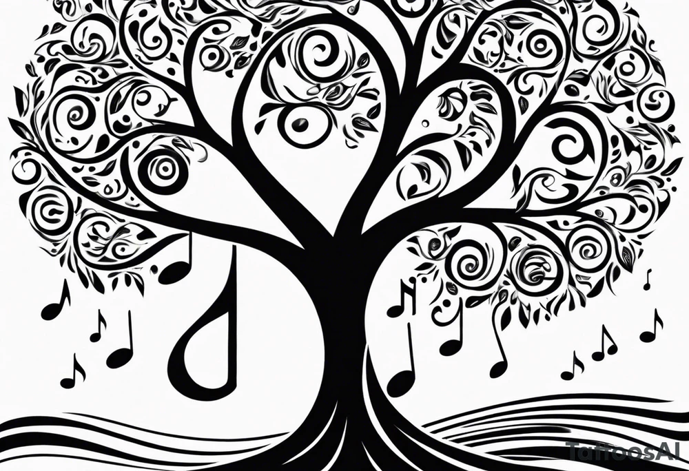 A tattoo design that incorporates the following elements: an abstract tree of life that has roots emerging  from the ground. Waves of water wrap around the tree in a non symmetrical design.  Incorporate musical notes into the tree. the letters U and A are overlapping and engraved into the tree. The game of golf incorporated but not prominent. tattoo idea