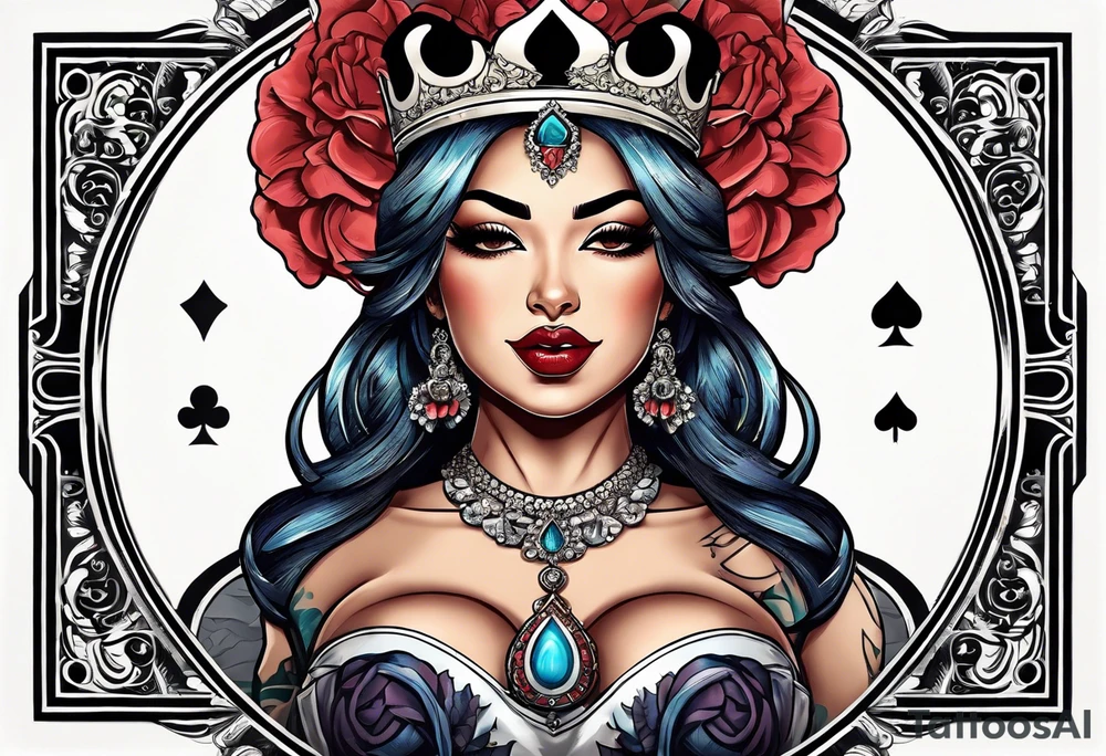 Latina Queen ahegao, drooling, happy, Spade Symbol with letter Q in the center of the spade framed, surrounded by whitespace tattoo idea
