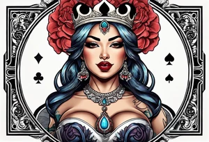 Latina Queen ahegao, drooling, happy, Spade Symbol with letter Q in the center of the spade framed, surrounded by whitespace tattoo idea