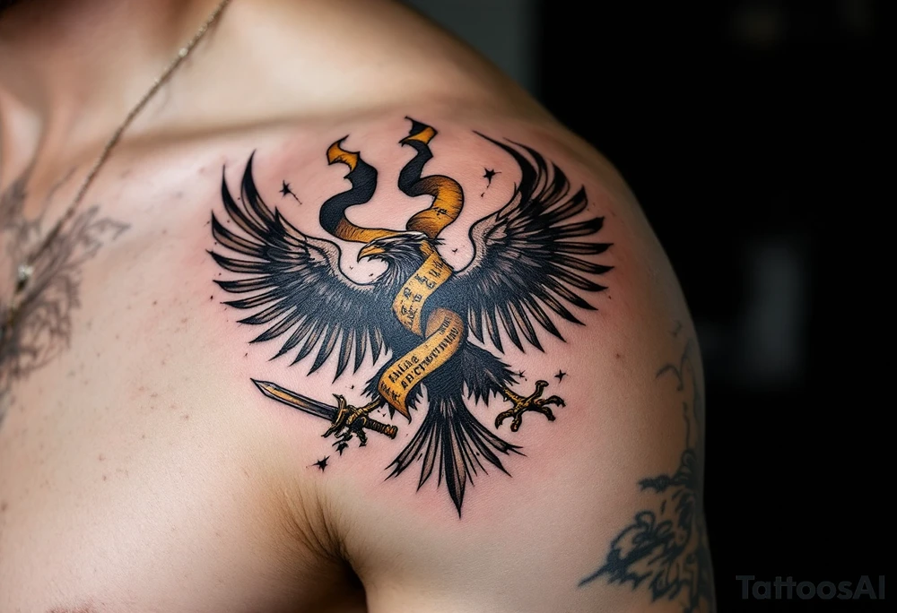 Battle-Worn Silesian Eagle with Torn Banners – A strong, battle-scarred eagle with ripped black and yellow banners flowing behind it, representing the resilience of Silesia. The eagle's claws clutch an old sword or a scroll with historical inscriptions, adding a storytelling element. tattoo idea
