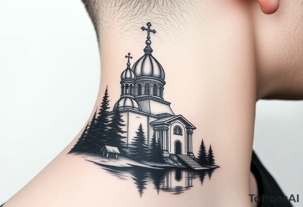 medium sized russian orthodox dome church with a separated virgin mary praying beside a lake and pine trees on the sized of my neck tattoo idea