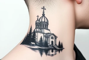 medium sized russian orthodox dome church with a separated virgin mary praying beside a lake and pine trees on the sized of my neck tattoo idea