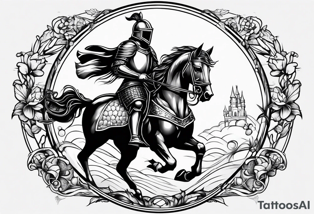 a knight engraving stamp style tattoo idea