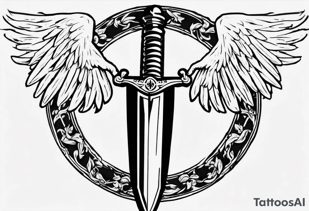 number 13 centered in a laurel leaf wreath and a sword going through the center of the wreath. Male angel 13 tattoo idea