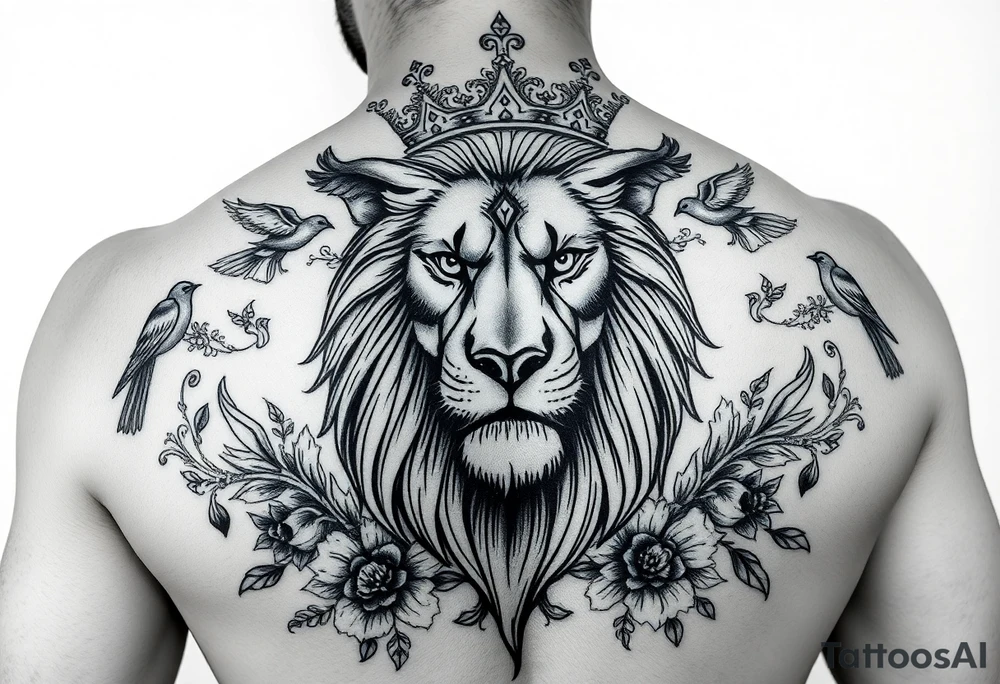 powerful majestic lion with a crown, surrounded by floral ornaments and birds tattoo idea