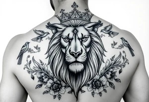 powerful majestic lion with a crown, surrounded by floral ornaments and birds tattoo idea