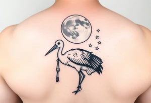 Stork carry bundle towards moon, stars tattoo idea