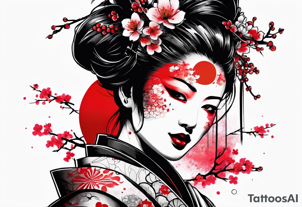 trash polka zombie geisha red sun cherry blossoms tattoo idea