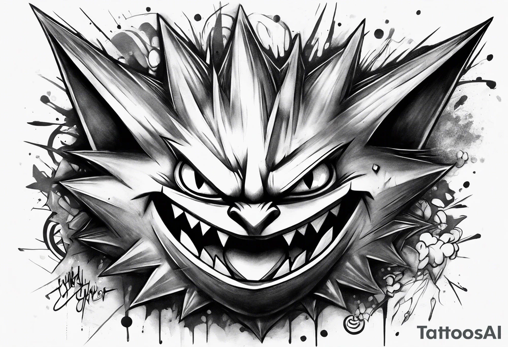 Gengar realism and graffiti style tattoo idea