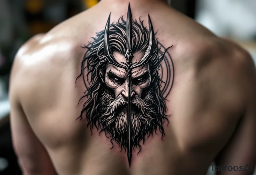 close-up gentle poseidon behind a trident tattoo idea