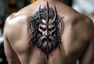 close-up gentle poseidon behind a trident tattoo idea