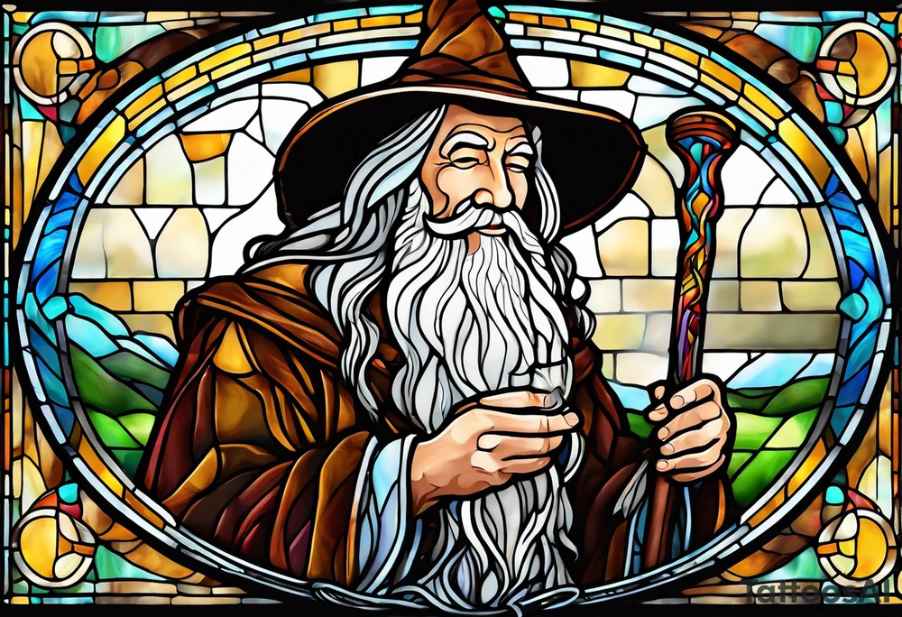 Gandalf smoking pipe tobacco
 in stained glass tattoo idea