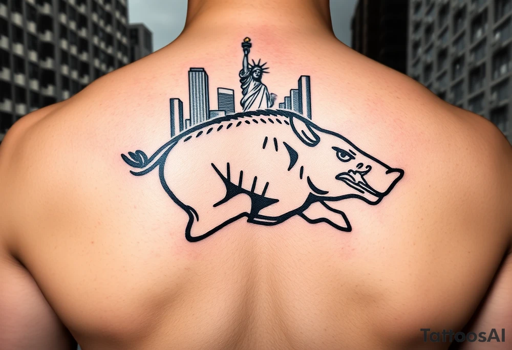 Arkansas razorback logo running through the streets of New York City with the Statue of Liberty in the background tattoo idea