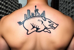 Arkansas razorback logo running through the streets of New York City with the Statue of Liberty in the background tattoo idea