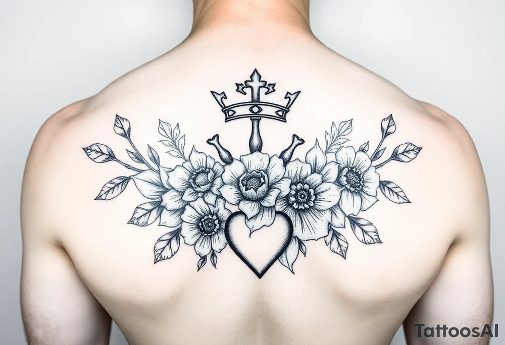 Damian, with crown, flowers and hearts tattoo idea