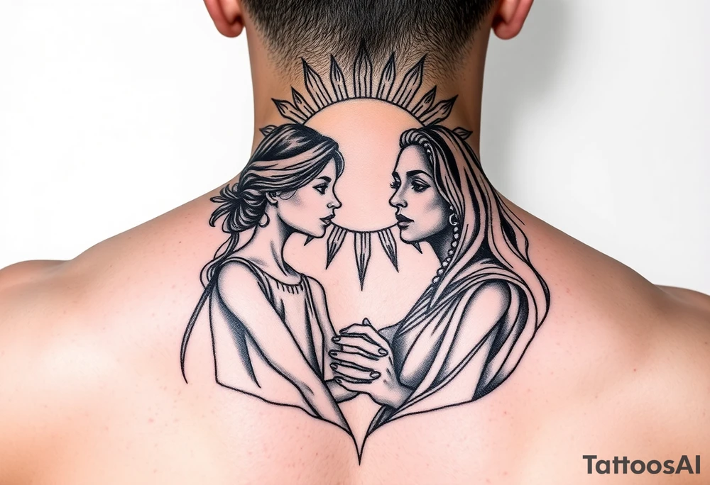 2 daughters and father in as siluetes of sun tattoo idea