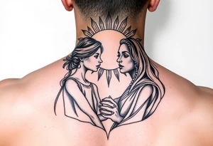 2 daughters and father in as siluetes of sun tattoo idea