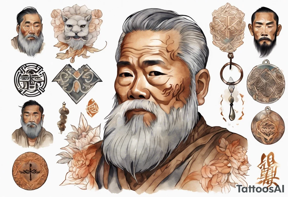 a solitary Filipino man with a grey beard wearing a copper amulet tattoo idea