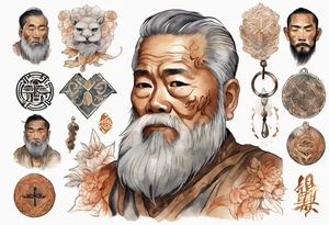 a solitary Filipino man with a grey beard wearing a copper amulet tattoo idea