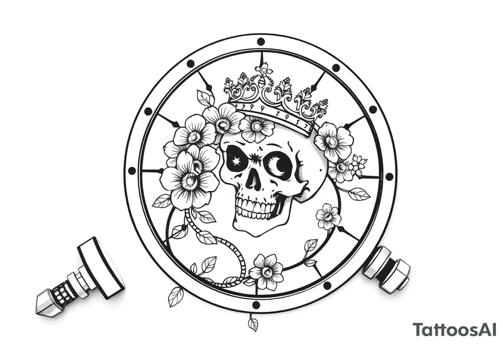 Compass with detailed beautiful gothic boho flowers on vine and skull with gorgeous crown tattoo idea